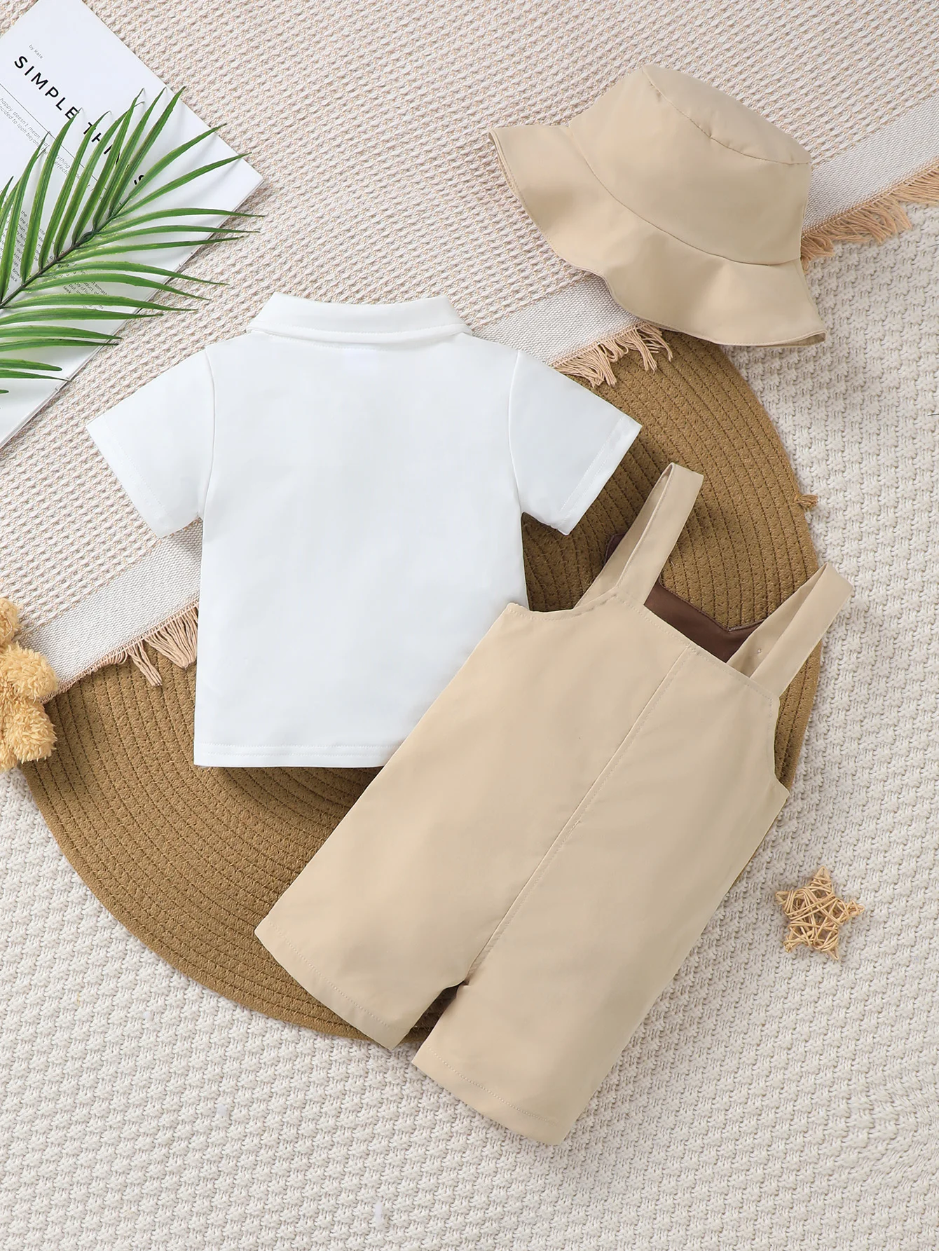 3pcs Baby Boy Outfit: Bear Patterned Romper + Hat + Polo Shirt, Comfortable Spring & Summer Cute Little Gentleman Gift Set