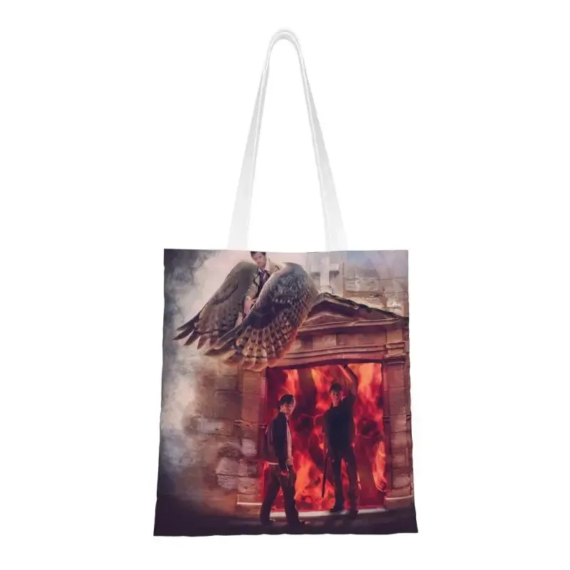 The Winchesters Bro Supernatural Shopping Bag Women Canvas Shoulder Tote Bag Durable Dean Sam Castiel Groceries Shopper Bags