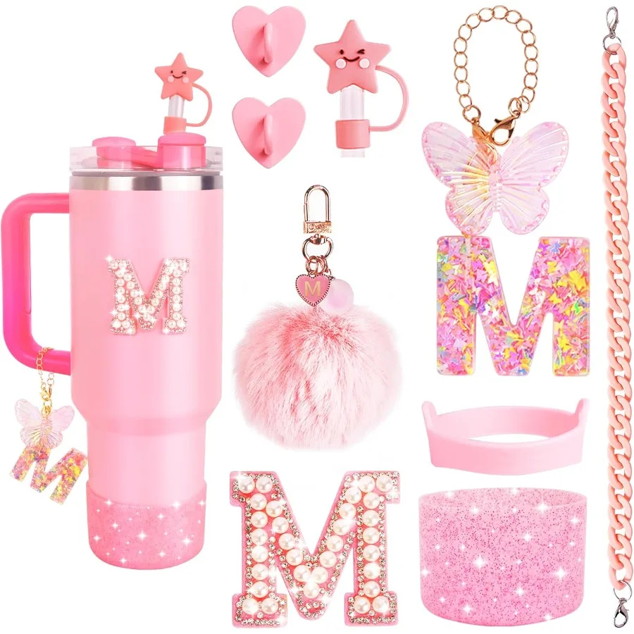 

8 Pcs Pink Accessories Set for Cup 30 oz 40 oz Silicone Glitter Boot Star Straw Cover PomPom Charm Letter Charm Water Bottle H