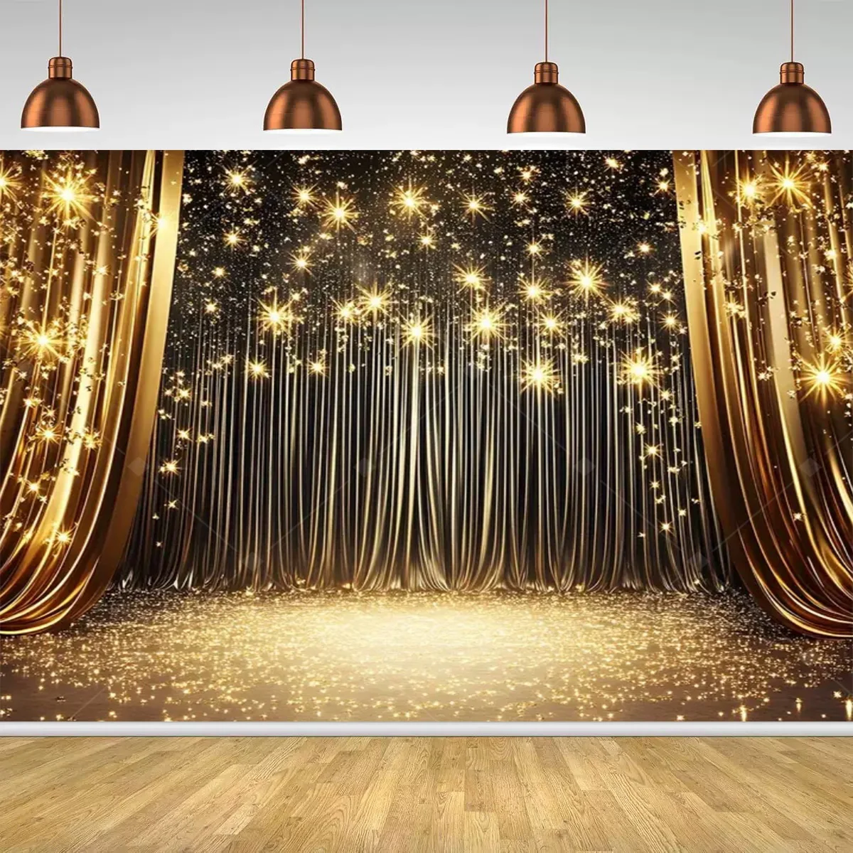 Schwarzgoldene schimmernde Bühnendekoration, sternförmiger schimmernder goldener Polka-Dot-Banner, geeignet für Geburtstags- und Hochzeitsfeiern. – Detail 2