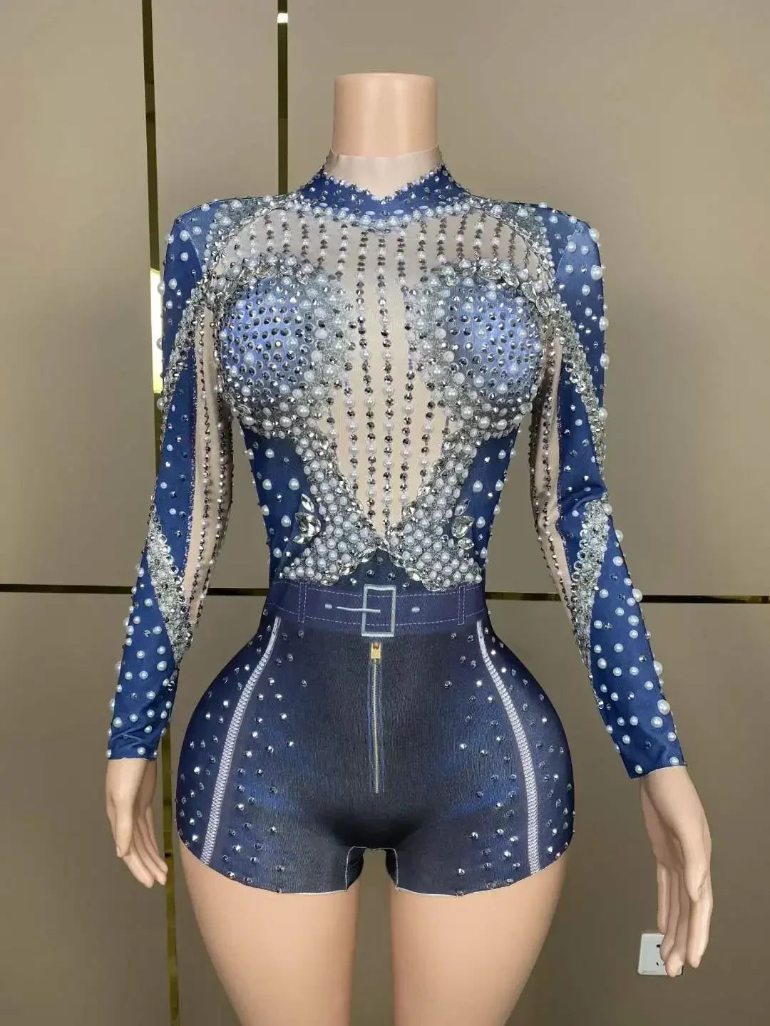 Kobiety lśniące z koralikami i kryształkami z długim rękawem jednoczęściowy kombinezon DJ DS odzież do klubu nocnego kostium na konkurs