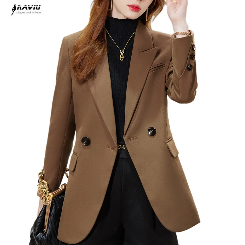 

NAVIU Solid Blazers For Women 2024 New Office Ladies Long Sleeve Coats Chic Vintage Turn Down Collar Slim Casual Jacket