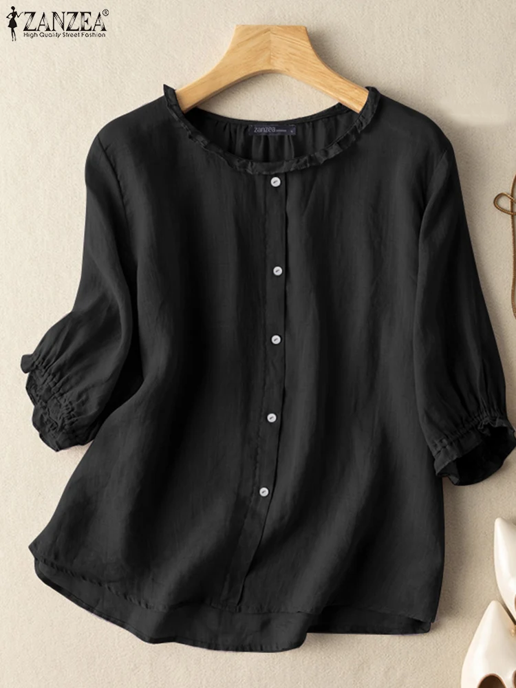 ZANZEA Women Summer Tunic Blouse 3/4 Sleeve O-Neck Solid Color Mujer Blusas Femme Fashion Casual Oversized Ruffles Shirt 2024