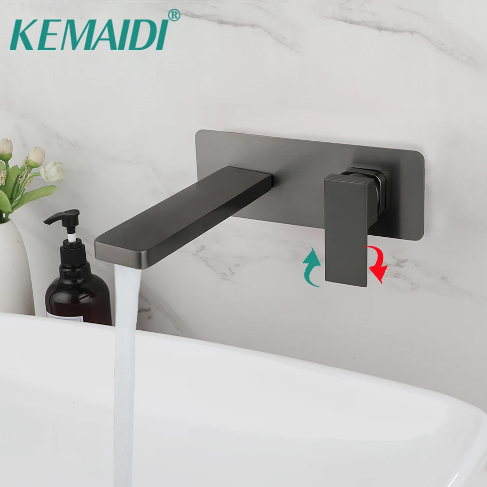 

KEMAIDI Grey Bathroom Sink Faucet Tap Hot Cold Water Mixer 1 Handle Wall Mounted Solid Brass Waterfall Bathtub Basin Taps