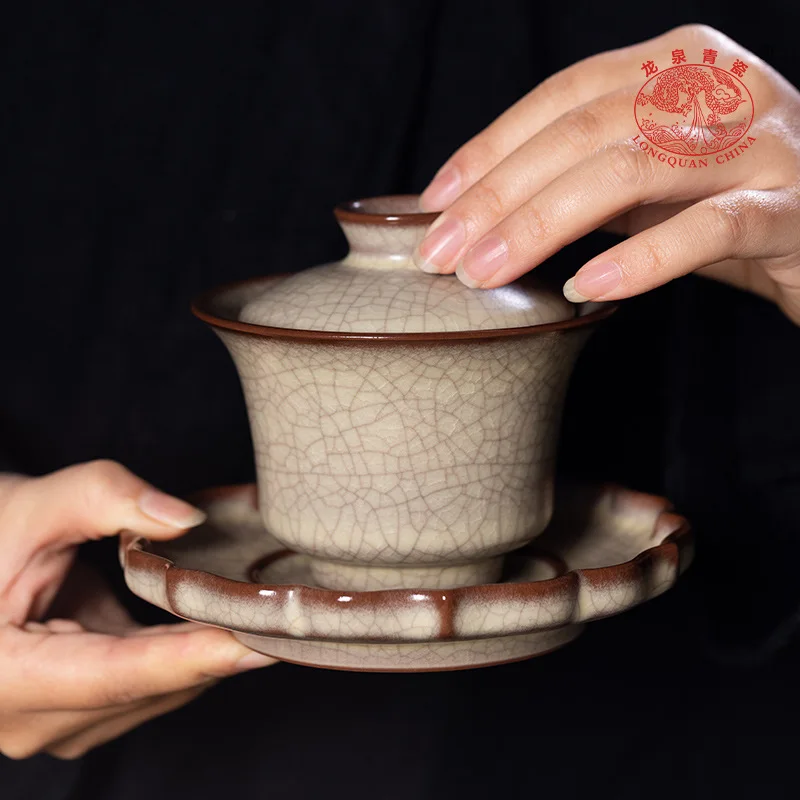 High Quality Celadon Gaiwan Retro Legend Kiln Handmade Gaiwan Ceramic Home High-End Hand Grip Tea Ceremony Tea Brewing Bowl