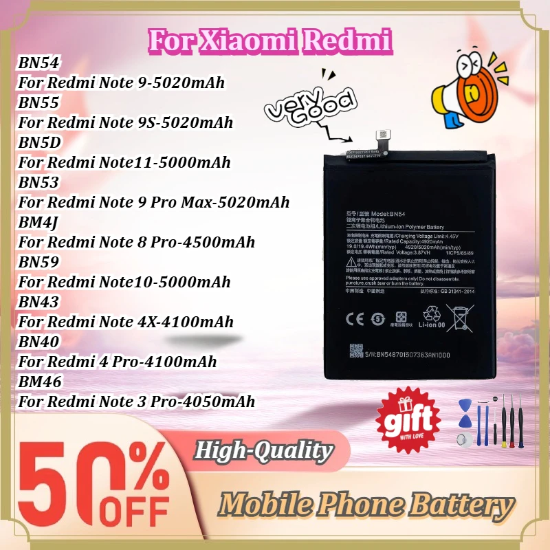 For Xiaomi Redmi Note 3 4 4X 8 9 9S 10 10X 11 Pro BN40 BN43 BM46 BM4J BN53 BN54 BN55 BN59 BN5D Mobile Phone Battery