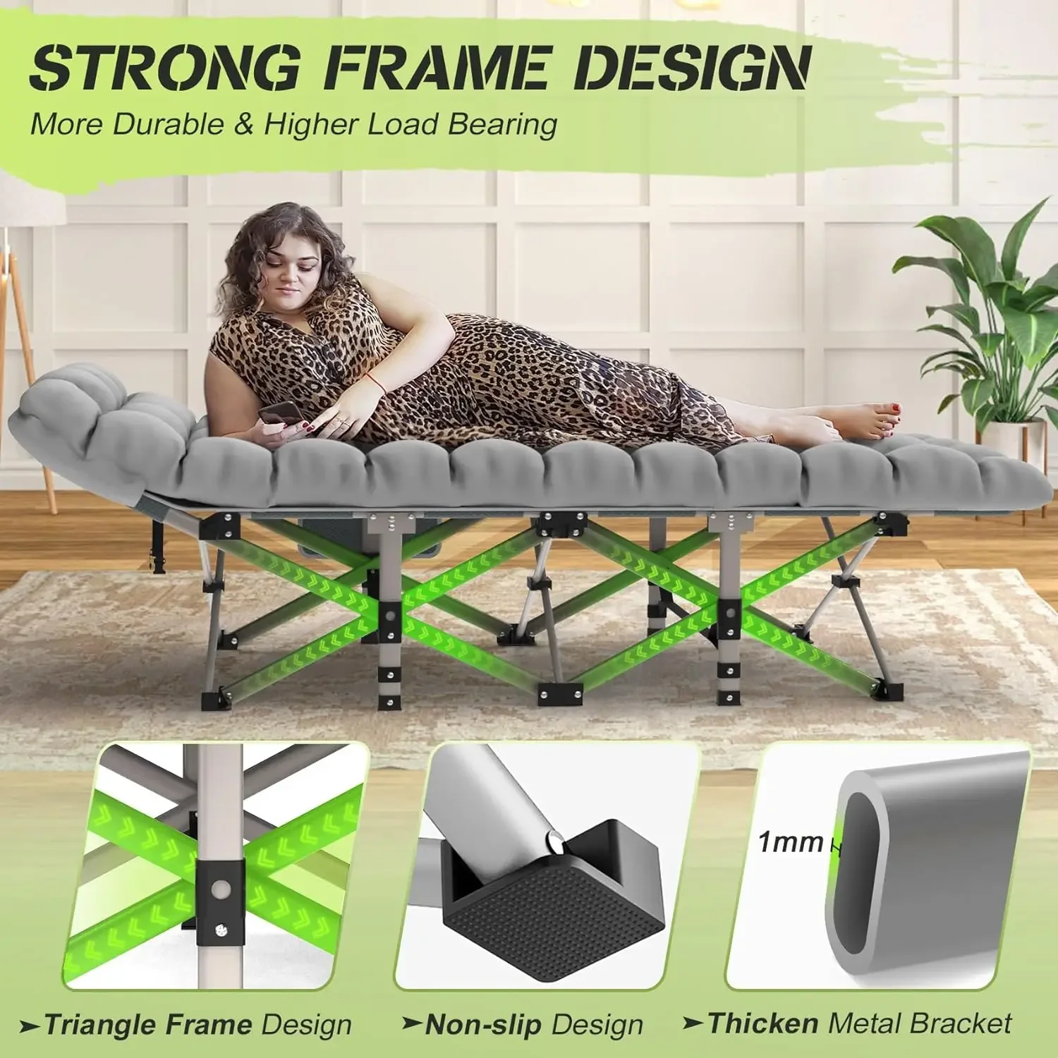 XXL Camping Bed/Camping Cots For Adults, Portable & Foldable Folding Cot Bed With 4" Cozy Mattress, Easy-to-Carry Outdoor Daybed image 5