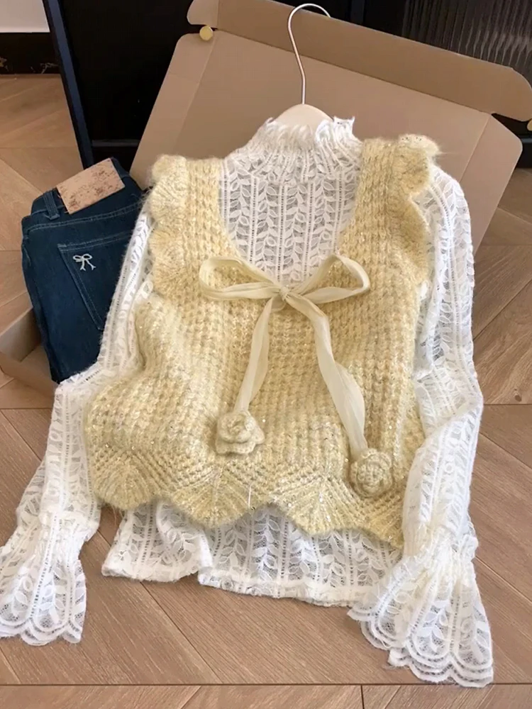 

Sweet Knot Knitted Vest Lace Base irt Two-Piece Set Women's Early Autumn Faion Korean Sle Loose Fit Long Sve