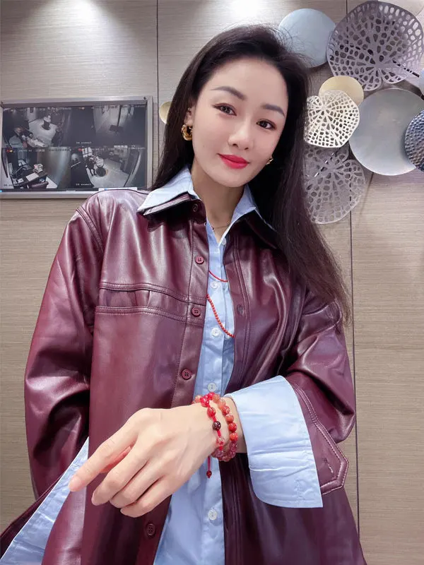Women's Grape Purple PU Leather Jacket Coat Blue Shirt Two-Piece Set Spring Autumn New Style Retro Layering Casual Fashion image 3