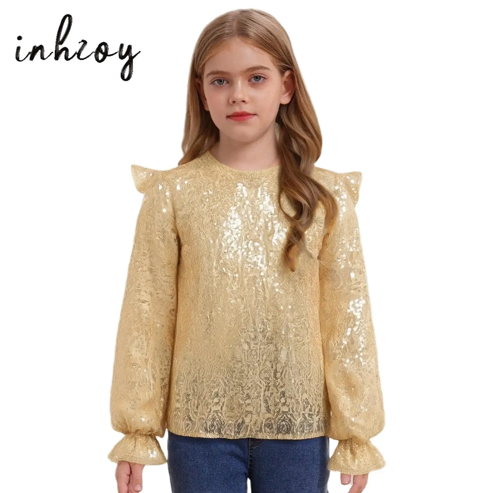 

Kids Girls Shirts Sparkling Sequins Ruffled Long Sleeves Glittery Blouse Pullover Top for Birthday Party Jazz Dance Performance
