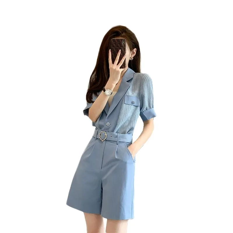 

New High End Summer Blue Women's Two Piece Set Elegant Slim Short Short Shirt Top + High Waist Wide Leg Shorts Office Lady Suit