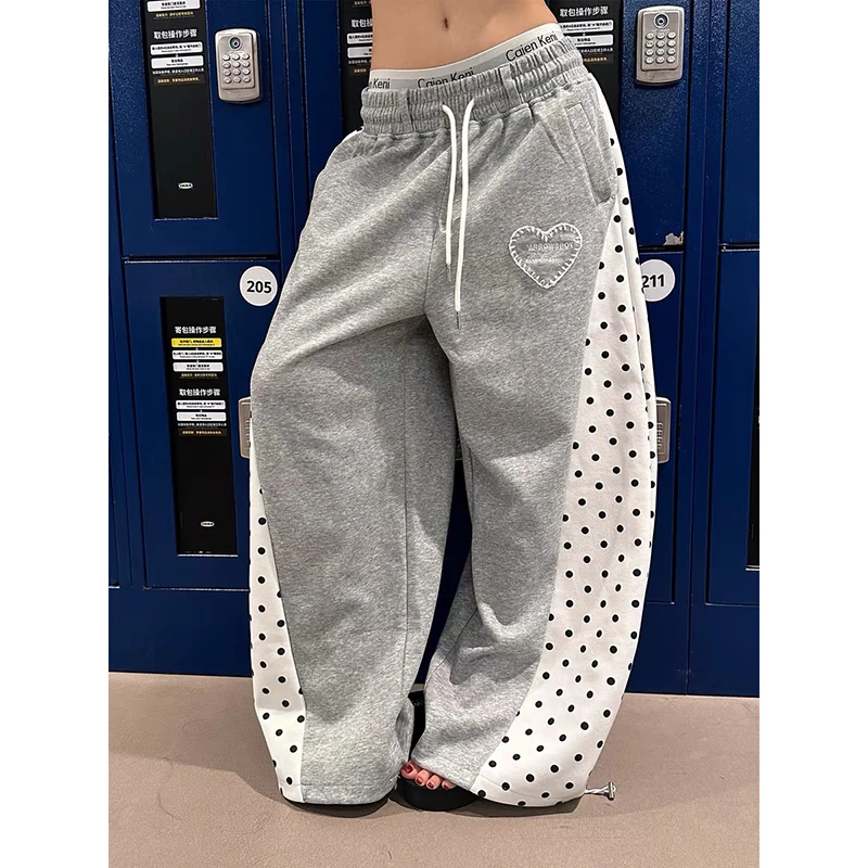 YIBASHU Women Gray Baggy Wide Leg Sweatpants Oversize Dot Splice Pants Harajuku Japanese 2000s Style Vintage Y2k Dance Trouser