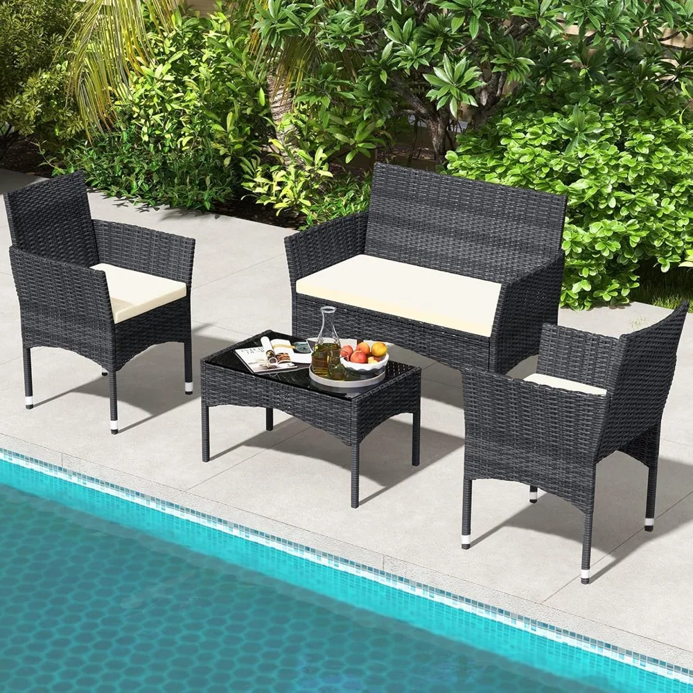 Outdoor Pátio Móveis Set, Cadeira Rattan, Vime Recepção Set, Equipado com Mesa de Vidro Temperado e Almofada, 4-Piece