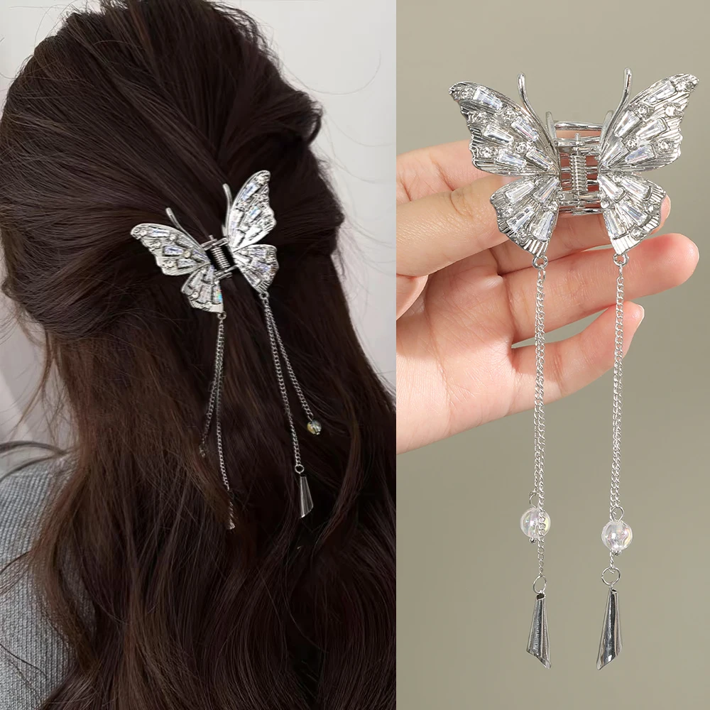 Exquisite Rhinestone Butterfly Fringe Hair Claw Clips Korean New Ponytail Braid Pearl Hairpin Girl Crab Metal Headdress Gift