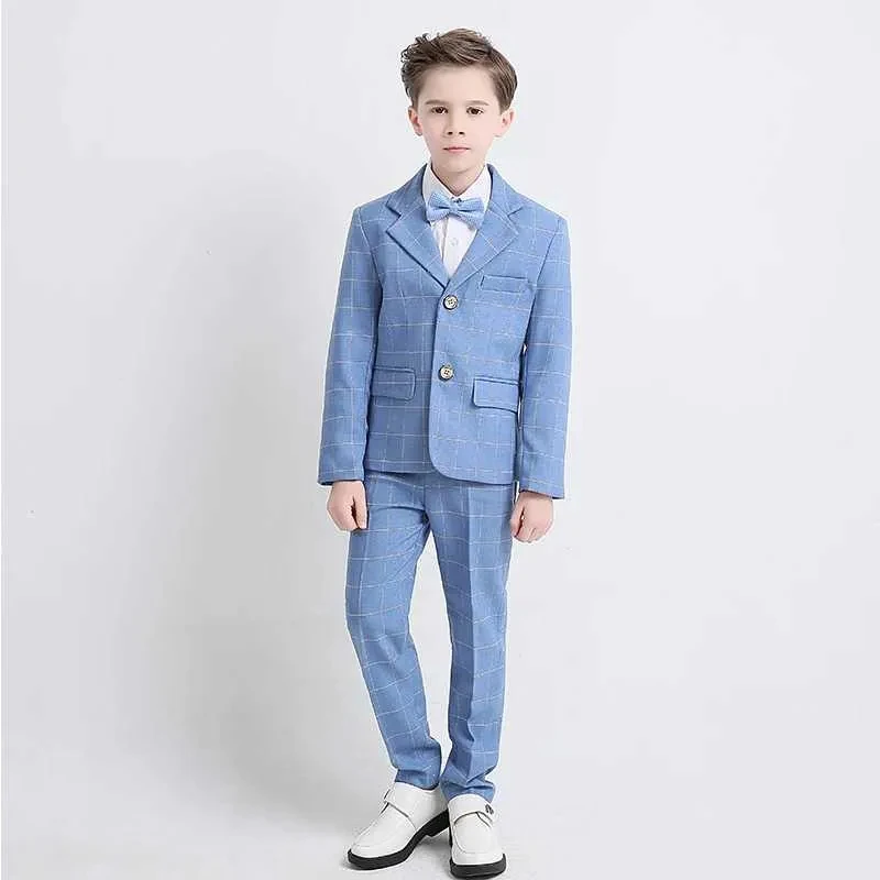 Boys Light Blue Plaid Formal Suit Set Notched Lapel Single Breasted Blazer Matching Vest And Bow Tie Elegant Gentleman Style