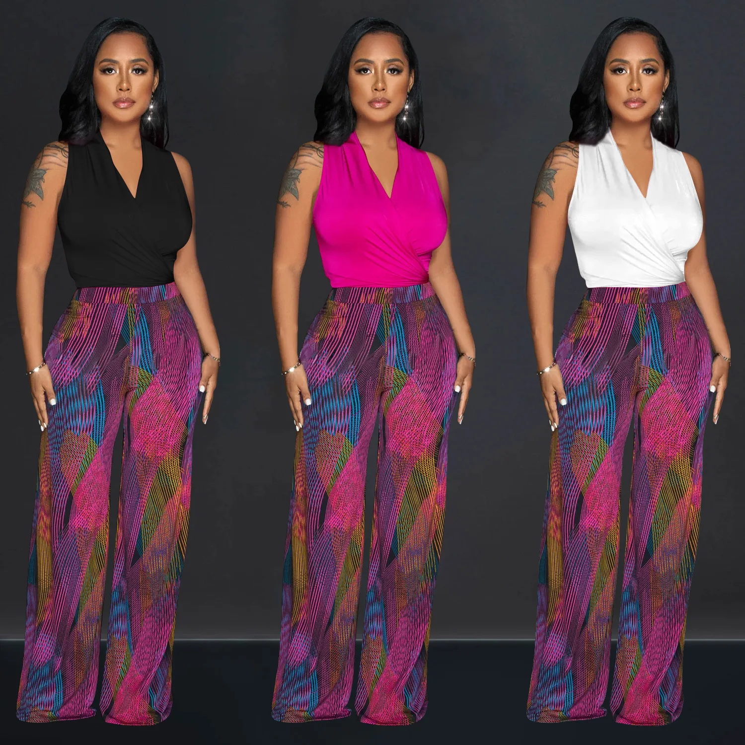 

Fashion women's clothing color printing V-neck sleeveless trousers two-piece set sexy intellectual temperament elegant hot sale