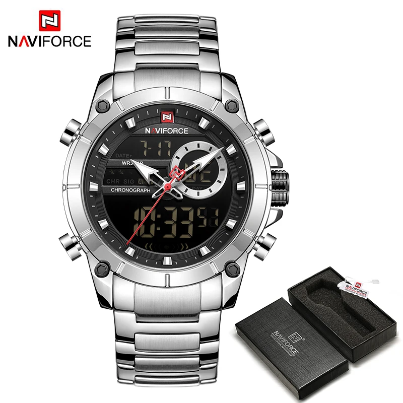 NAVIFORCE 9163 Orologio da polso sportivo originale di lusso per uomo Acciaio al quarzo Impermeabile Doppio display Orologi militari Relogio Masculino