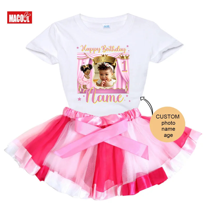 Girls1st Birthday Outfits Set Custom Photo Name Girl First Birthday Party Shirts Kids Dress Set Party Skirt T-shirt Child Suits