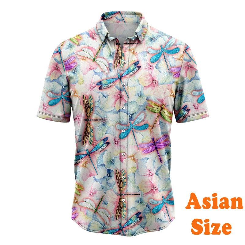 Colorful Dragonfly Hawaii Shirt For Men's Clothing Outdoor Casual Fashion Shirts Trend Streetwear Man Lapel Short Sleeve Blouse