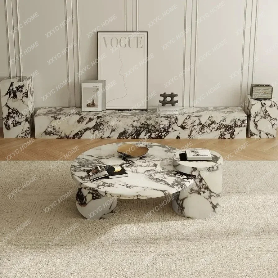 W  marble coffee table TV cabinet, living room small apartment round retro light luxury cream style side table