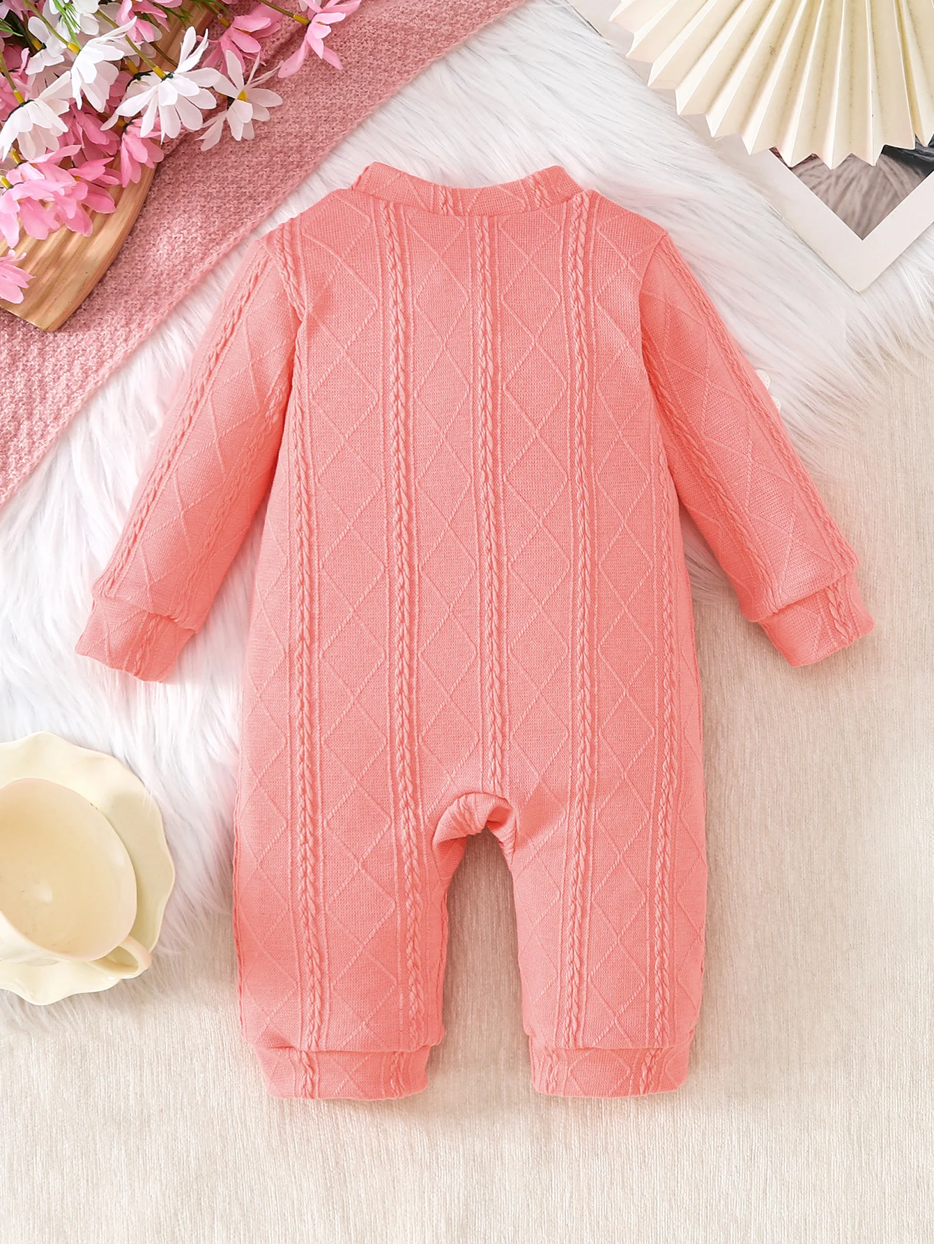 1pc Spring Autumn Baby Girls Daisy Romper, 0-12M, Pink Ribbed Long Sleeve Jumpsuit with 3D Flower Decor, Soft Cute Style, Daily