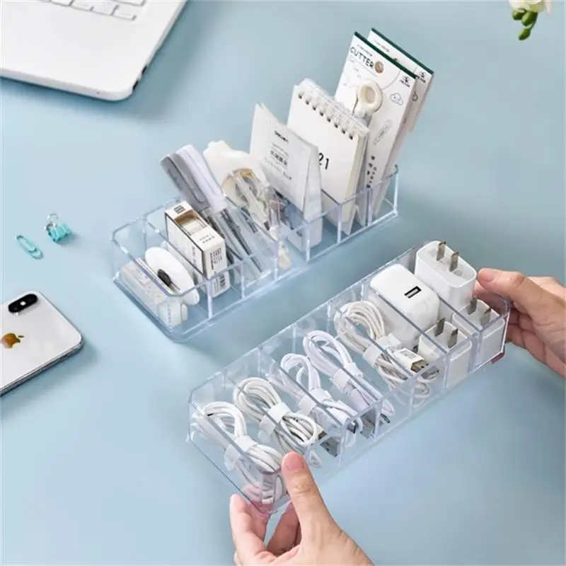 

Desktop dustproof storage box, transparent 7/8 grid data cable organizer box, multifunctional small item storage box with lid