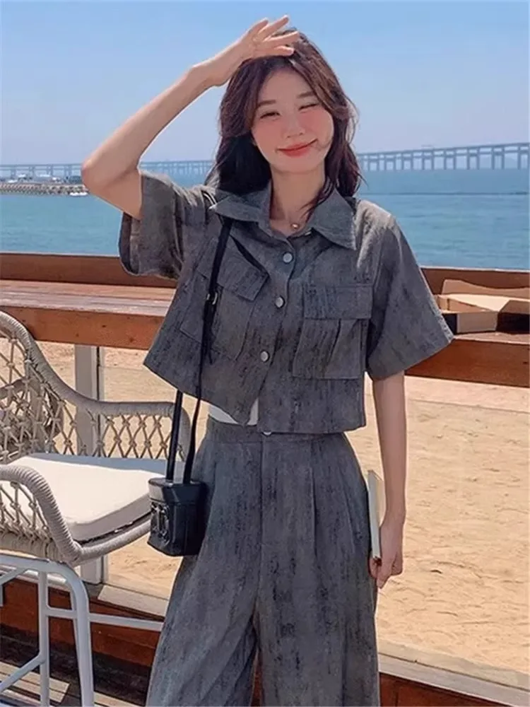 

Летний комплект больших размеров Faion, женские широкие длинные брюки ort Sve irt, комплект из двух предметов с высокой талией, Sli Agel Ensemble