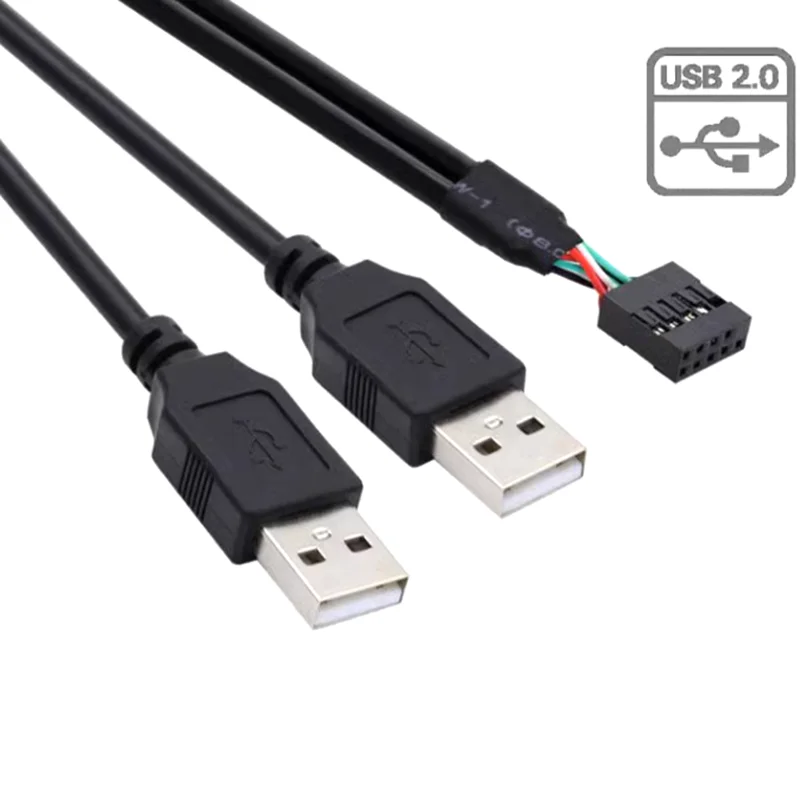 Adaptador de conector Dual USB A macho A PC, Adaptador de conector Dupont hembra de 9 pines interno Y divisor, Cable USB de 30cm, Cable de 24AWG