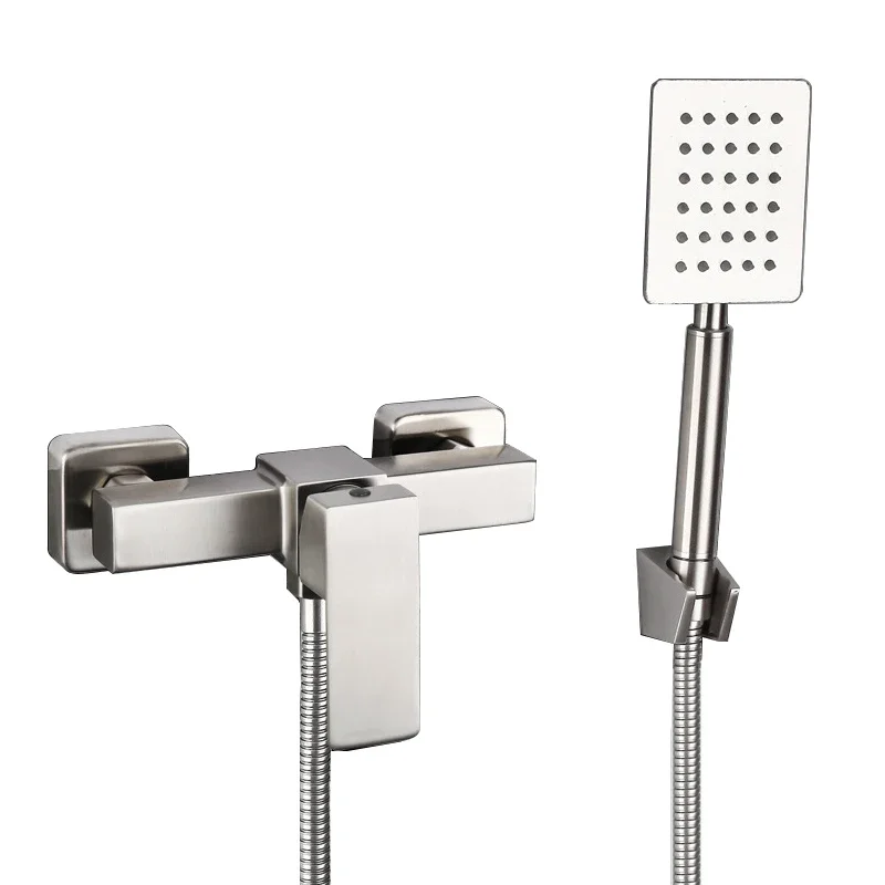 Wall Mounted Shower Set Bathroom Shower Faucet Mixer Tap Valve With Hand Held Shower Head Set Square Bath Tub Valve Hose Holder