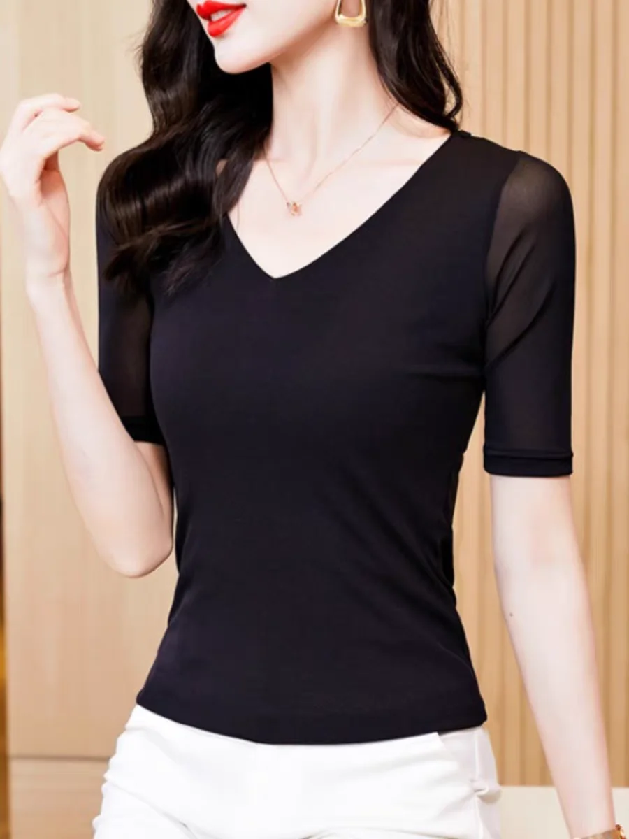 Summer Slim T-Shirt Women Short Sleeve Mesh T Shirt V-Neck Black Tee Female Solid Basic Hollow Out Back Tops Hot