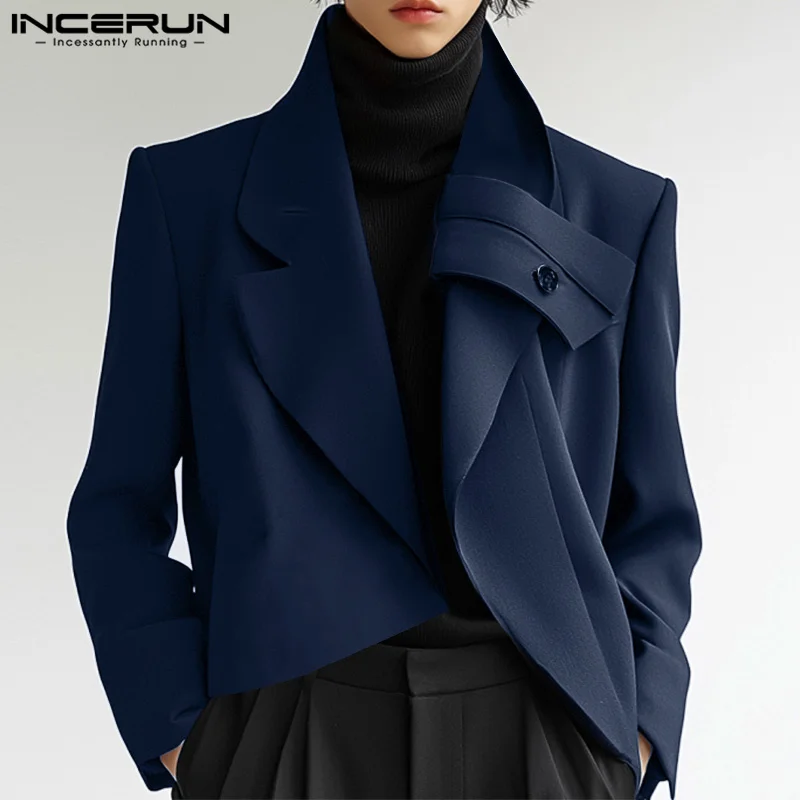 2024 Office Long Sleeve Blazer INCERUN Men Causal Solid Color Button Large Lapel Collor Jackets Korean Fashion Harajuku Coats