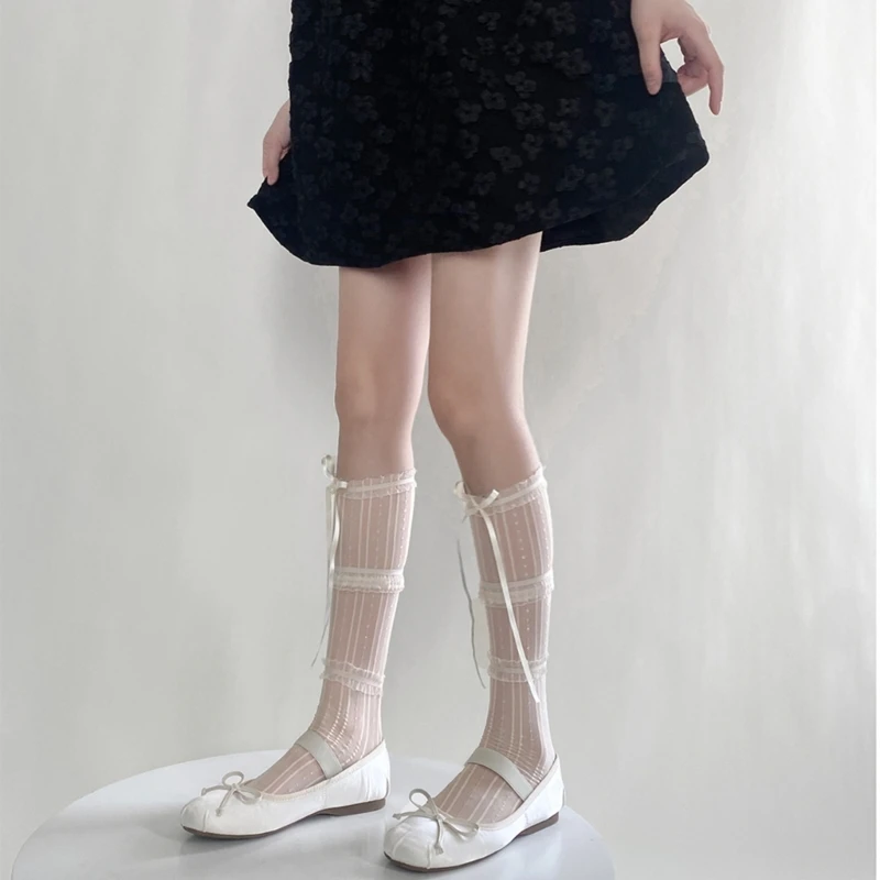 Womens Calf Socks, Sweet Girl Lace Ruffle Knee Socks Fashion Ladies Girl Princess Mesh Socks Japanese Stockings