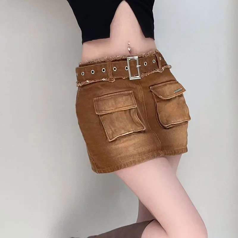 Mini saia jeans feminina, multi bolsos, streetwear de cintura alta, saia curta para cobrir bumbum, saia feminina americana angustiada, quente