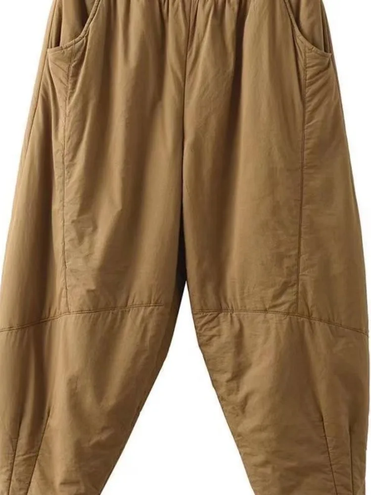 Pantalon en coton grande taille pour femme, vêtement d'extérieur Long Harlan, décontracté, chaud, taille haute, hiver 2024
