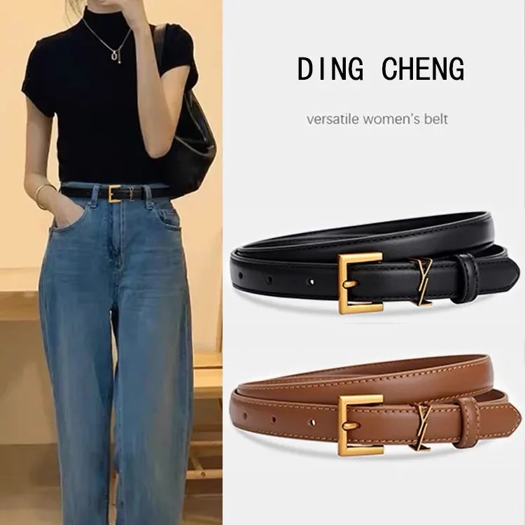 حزام جلد أسود عصري وبسيط للنساء رائج البيع للموسم الجديد حزام مزخرف من قماش الدنيم متعدد الاستخدامات للسيدات عالي Q #1