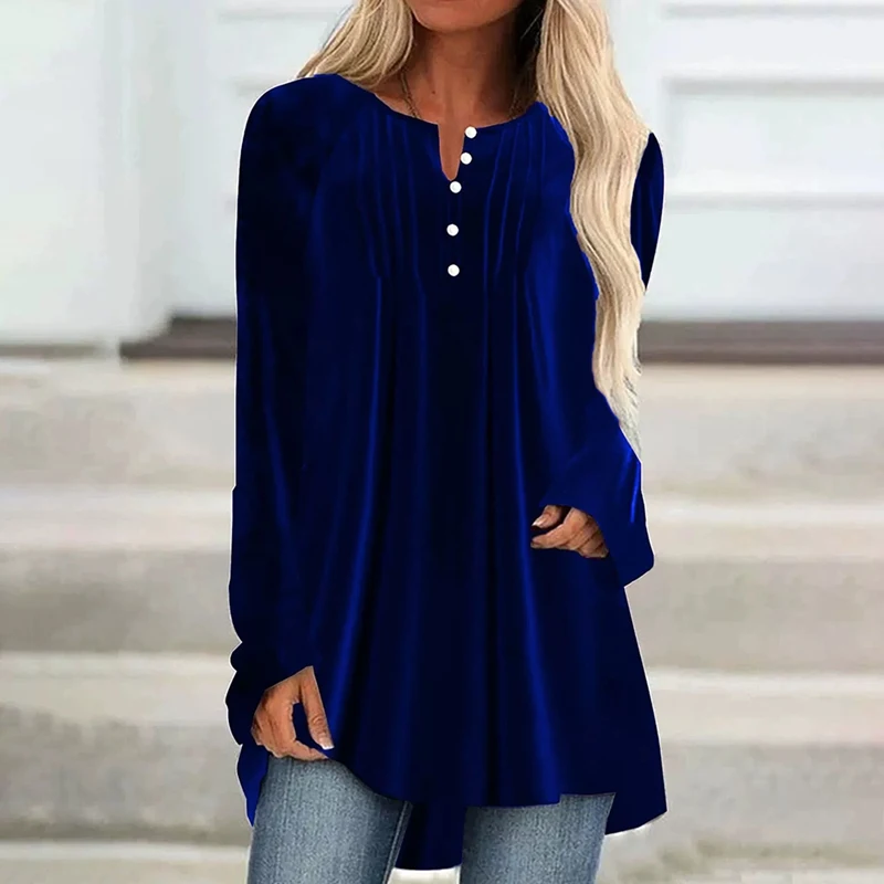 

Autumn Women's Top V-Neck Button Chest Pleat Asymmetrical Hem Velvet Long Sleeved Shirt
