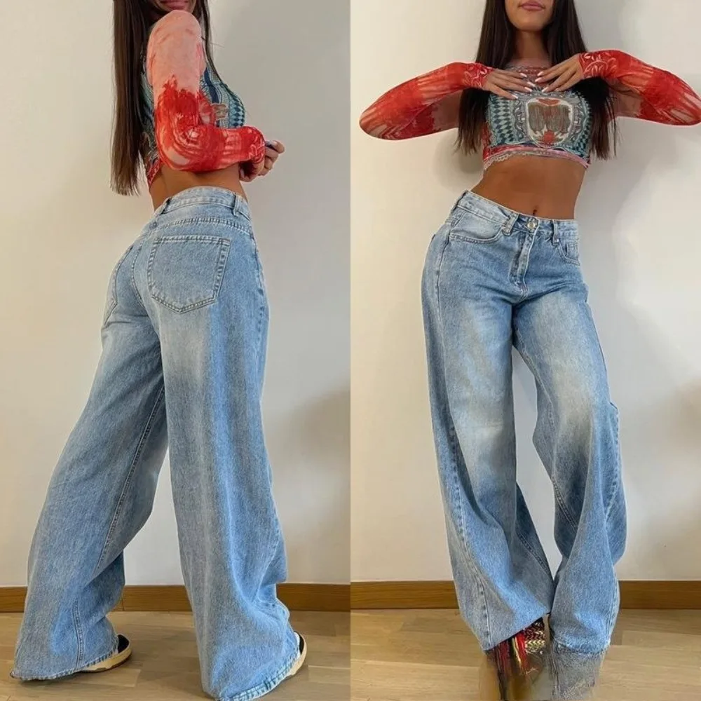 Nuovi pantaloni dritti a vita alta retrò europei e americani Pantaloni lunghi americani a gamba larga Spice Girls Jeans larghi da donna