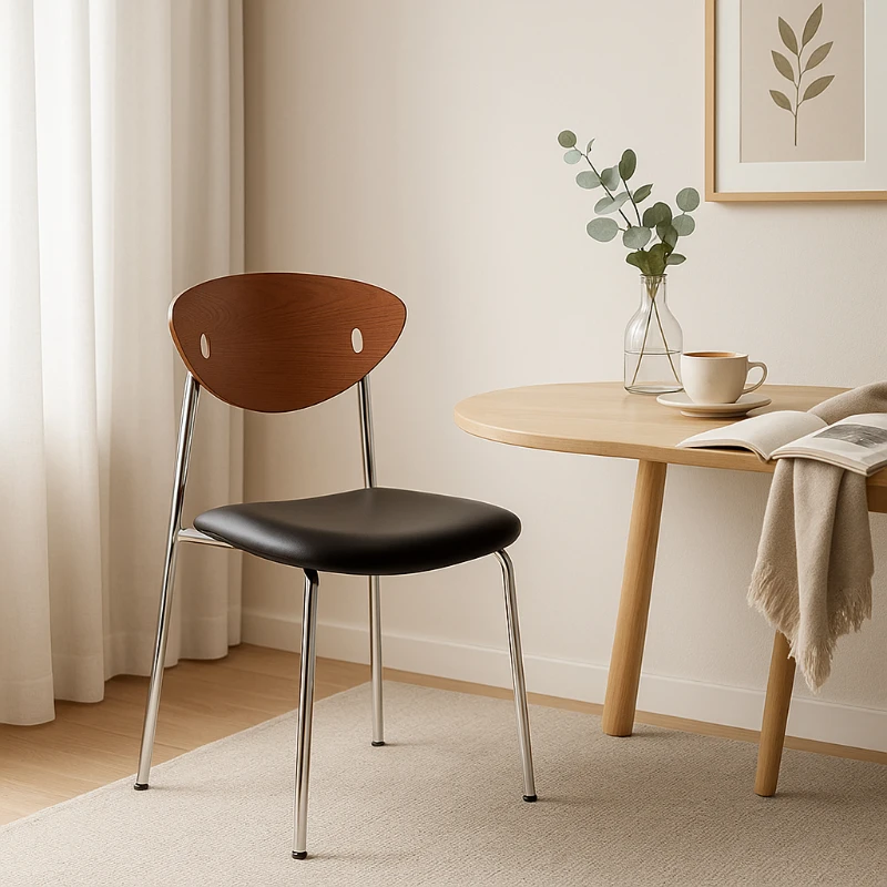 كرسي طعام صناعي عتيق من الفولاذ المقاوم للصدأ مع مسند ظهر خشبي مصمم للمقهى ومقعد مطعم بسيط