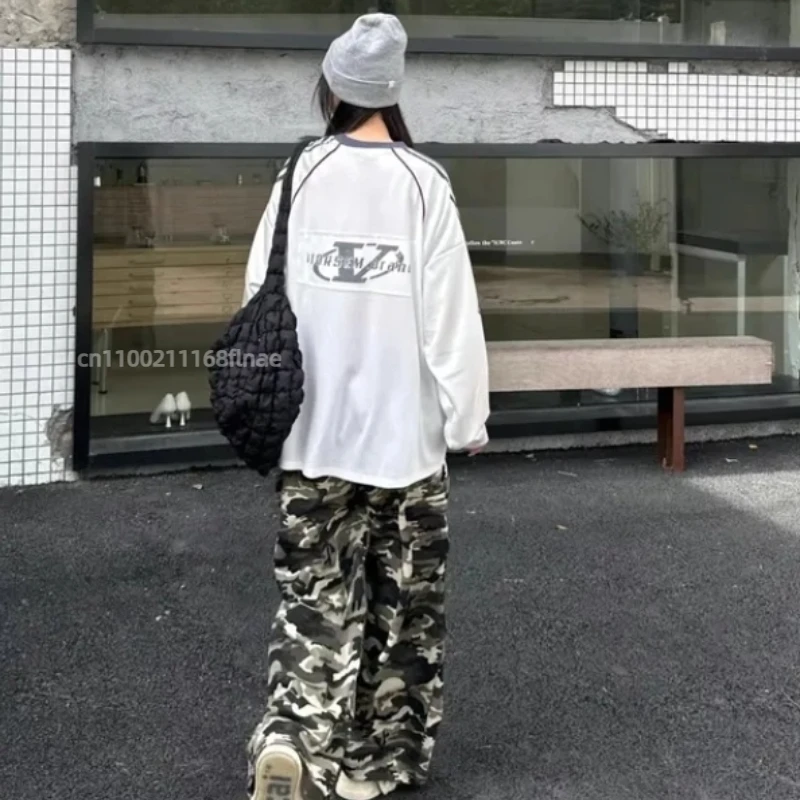 アメリカンストリートダンスコスチュームレトロスタイルVネックルーズ長袖ジャージスタイルTシャツファッショナブルなハイエンドトップ女性用