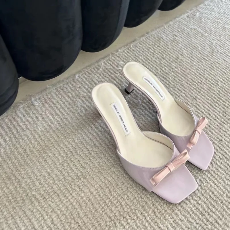 Summer Slippers Women 2024 New Korean Fashion Women's High Heel Slippers Elegant Bow Embellished Modern Slippers Zapatos Mujer