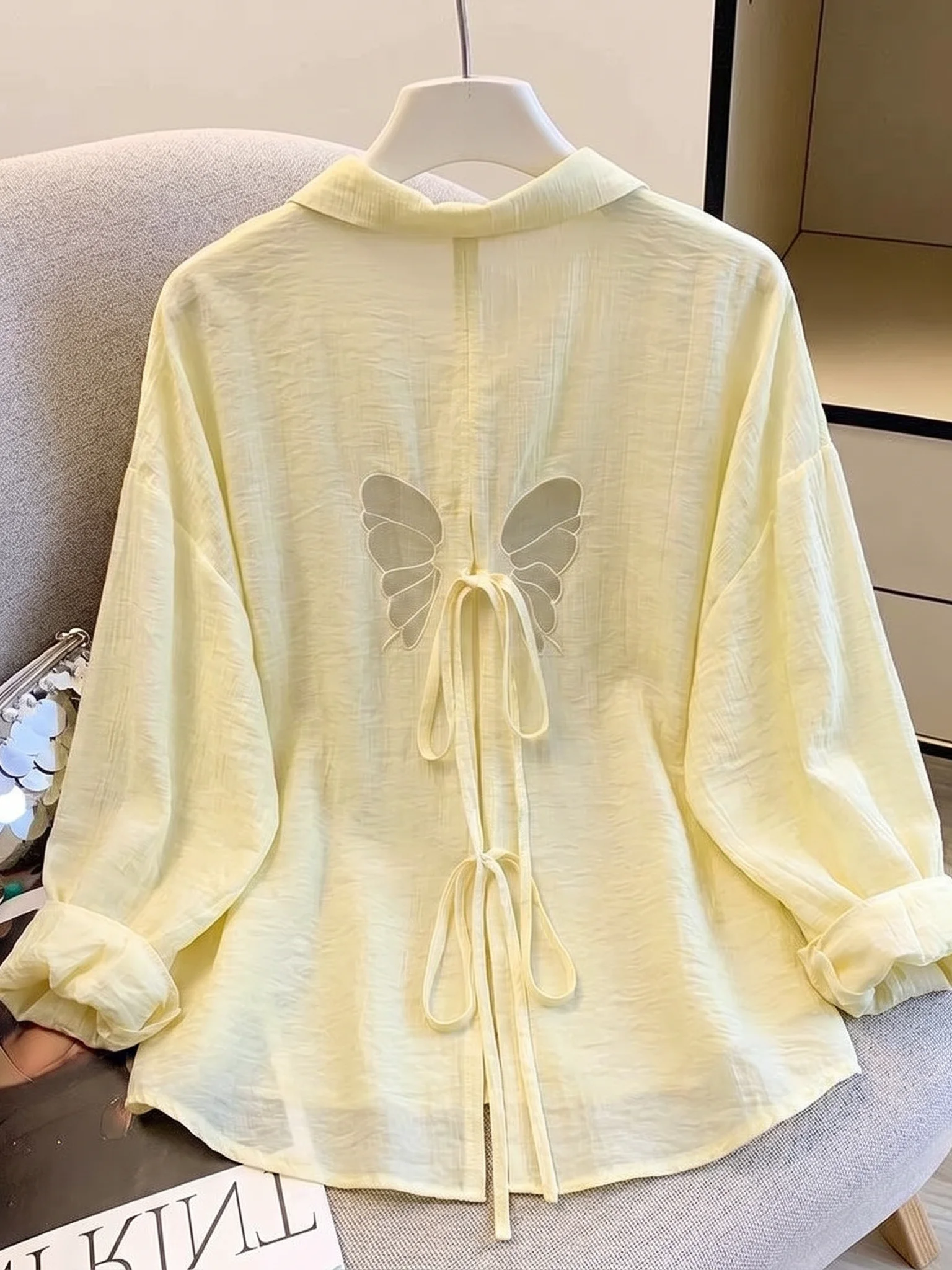

Light Yellow Thin Sun Protection Shirt Women's Shoulder Coat Summer New Large Size Fat MM Hollow out Top