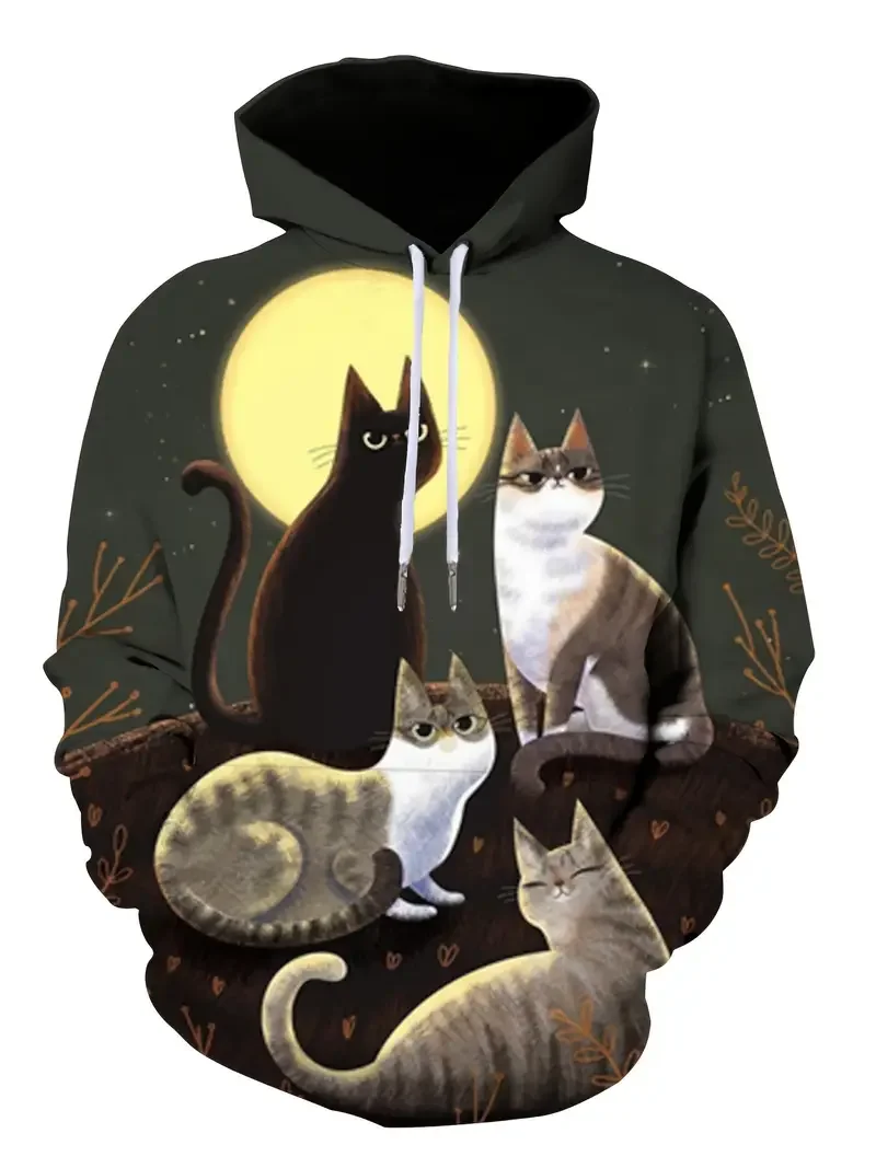 Men's Hoodie Cute Cat Graphic Print Sweatshirts Harajuku Hooded Shirt Y2k Pullover Casual Clothes Streetwear Top Men's Clothing