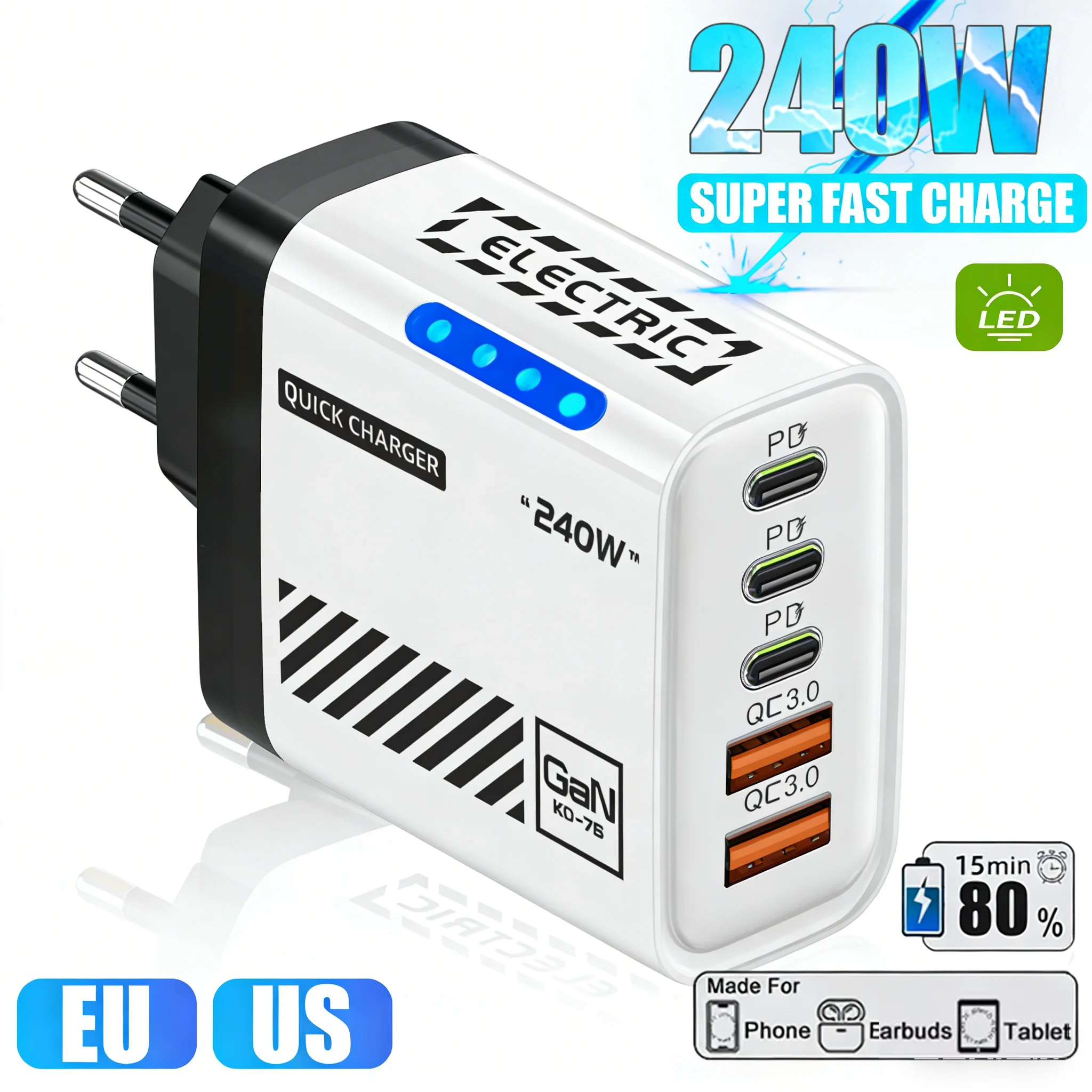 GaN 5-in-1 USB C Charger 240W PD Quick Charge 3.0 EU US UK Charger Plug Fast Charging for iPhone 17 16 15 Samsung Xiaomi Huawei