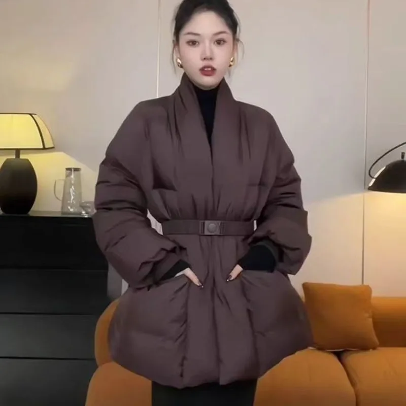 Preto para baixo roupas de algodão feminino med e longo inverno nova versão coreana rendas cintura jaqueta grossa para manter quente com decote em v parkas