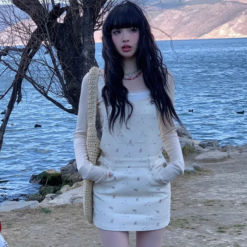 

Sweet Subcultural Japan Korean Harajuku Print Strap Dress Simple Streetwear Patchwork Lace Bottom Shirts Y2k Girl Two Piece Sets