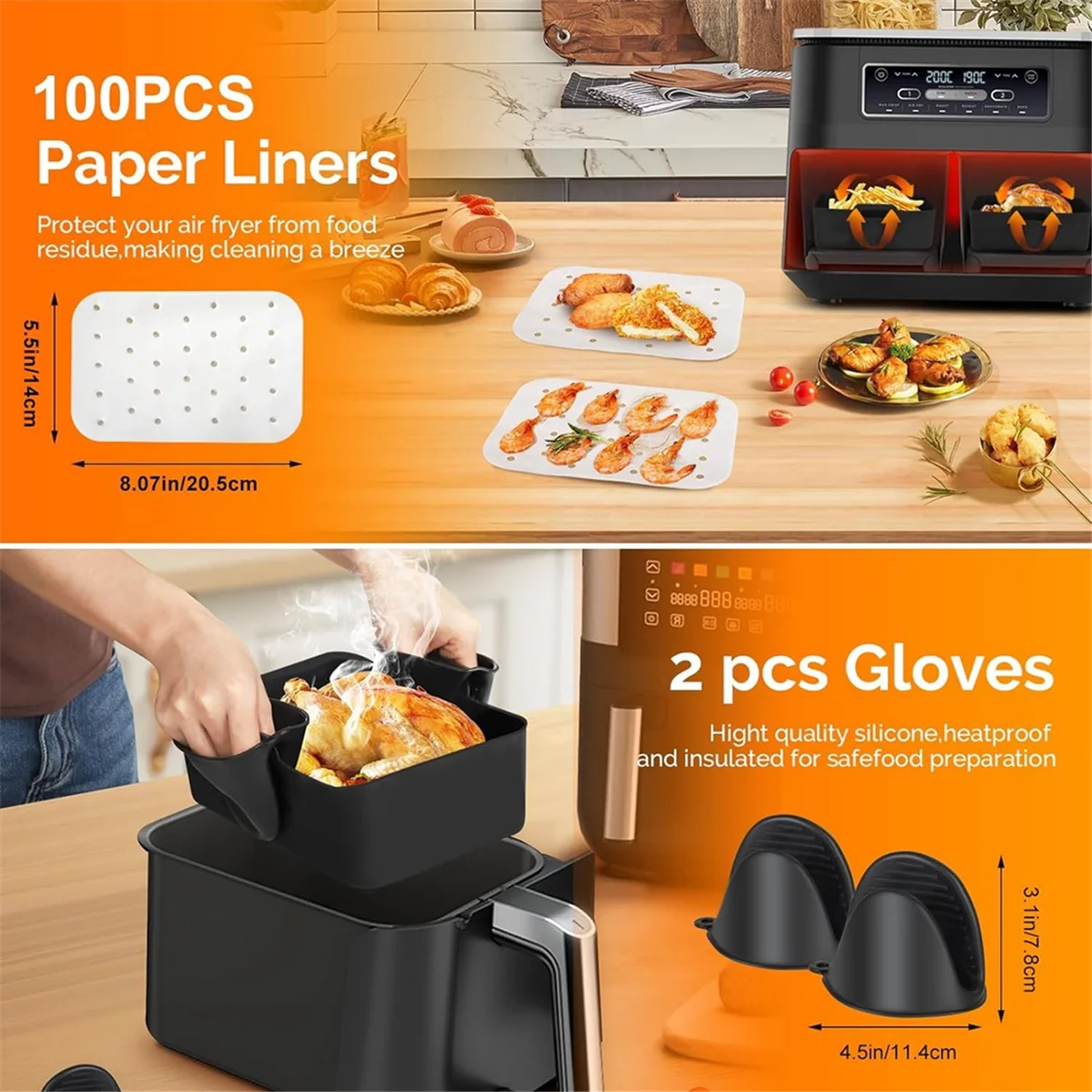 Silicone Air Fryer Liner,Air Fryer Accessories for Ninja Dual AF300UK AF400UK Reusable Dual Air Fryer Racks