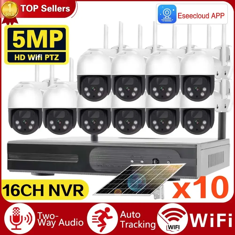 

Low-power 5MP WiFi Video Surveillance Camera System 10CH P2P WIFI NVR Set 2Audio Auto Tracking CCTV Solar Cameras Security Kit