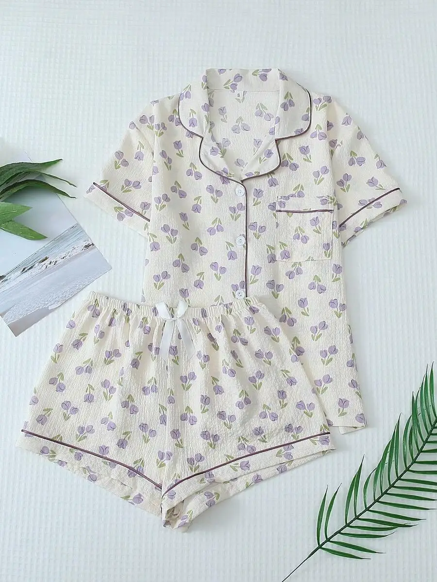 

Womens Purple Floral Print Pajama Set With Contrast Trim And Bow Shorts For Summer Lounge
