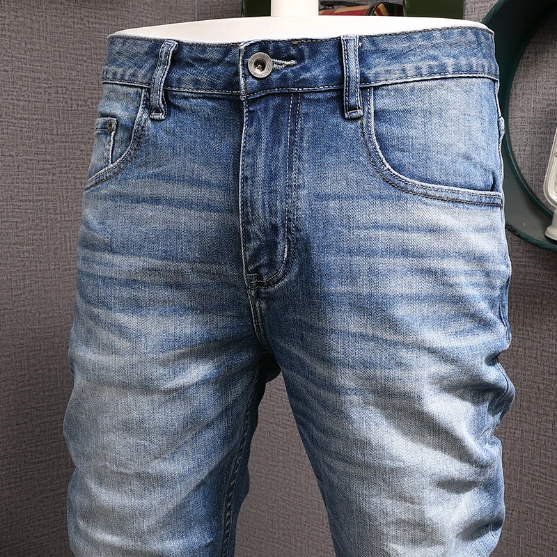 Italian Style Fashion Men Jeans Retro Blue High Quality Elastic Slim Fit Ripped Jeans Men Trousers Vintage Designer Pants Hombre