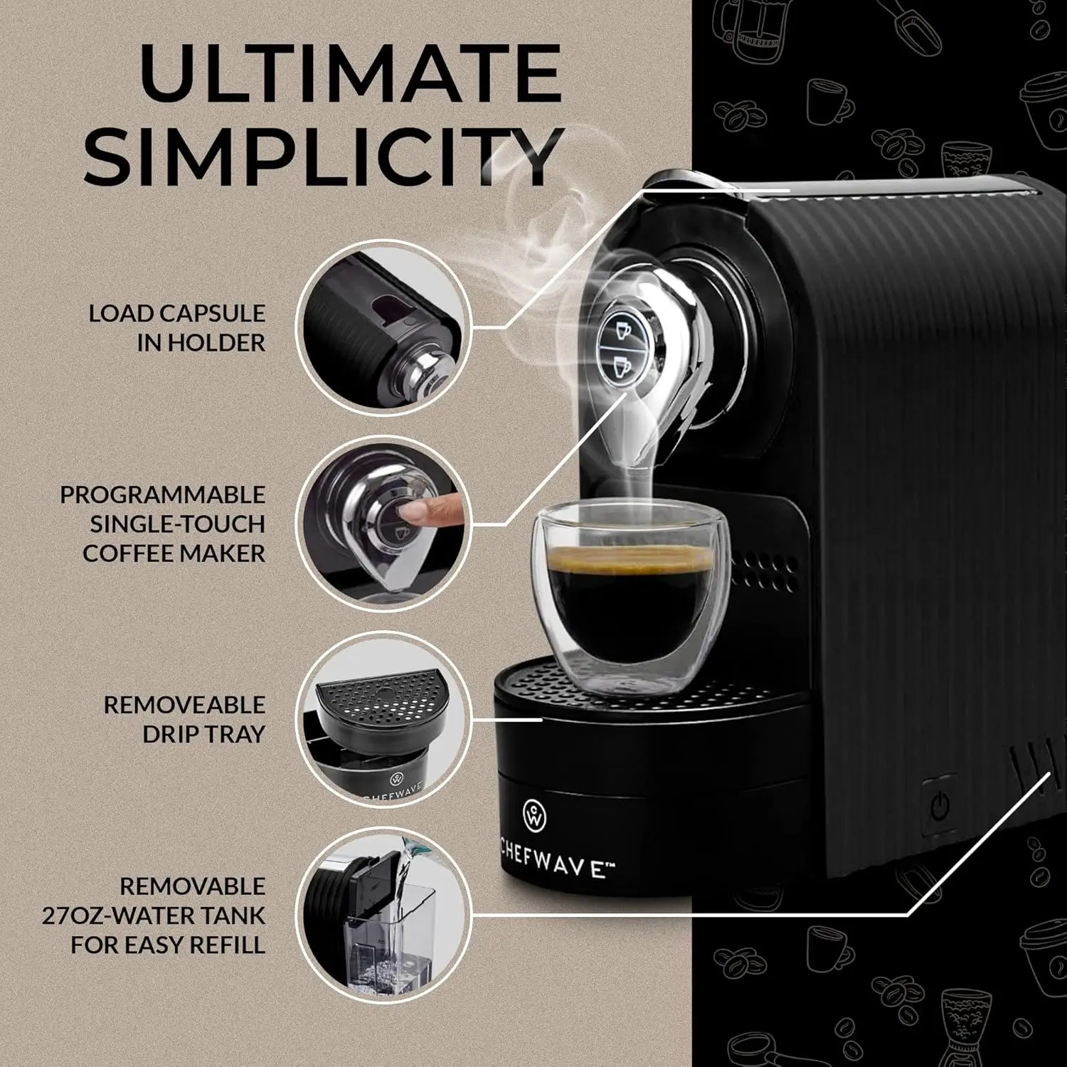 Espresso Machine and Coffee Maker (Black) - Compatible with Nespresso Capsules, Programmable, One-Touch